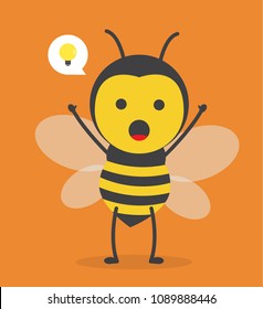 vector illustration character design cute honey yellow bee mascot with bubble speech idea bulb lamp above head in yellow background