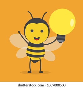 vector illustration character design cute honey yellow bee mascot hold light bulb lamp idea in yellow background