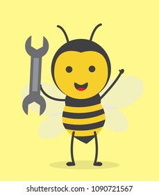 vector illustration character design cute honey yellow bee mascot holding wrench in yellow background