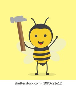 vector illustration character design cute honey yellow bee mascot holding hammer in yellow background