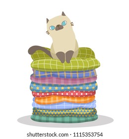 Vector illustration character design cute cat sitting comfortably on top of a pile of colorful cushions pillows. Pets concept draw doodle cartoon style.