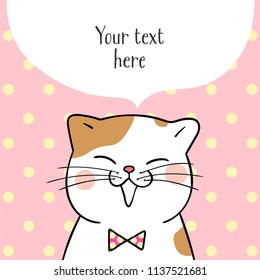Vector illustration character design cute cat on pink pastel with polka dot.Doodle cartoon style.
