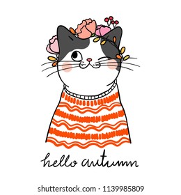 Vector illustration character design cute cat with beauty sweater and wreath flower on head for autumn.Doodle cartoon style.