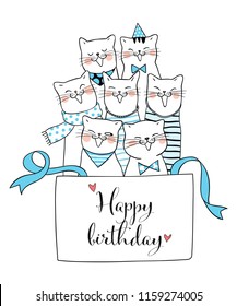 Dibujo vectorial diseño de personaje lindo gato en caja de regalo y palabra feliz cumpleaños. Estilo de caricatura de Doodle.