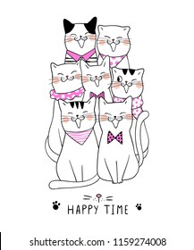 Vector illustration character design cute cat and word happy time.Doodle cartoon style.