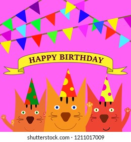 Vector illustration character design of cute cat on purple background for birthday card. Doodle cartoon style.
