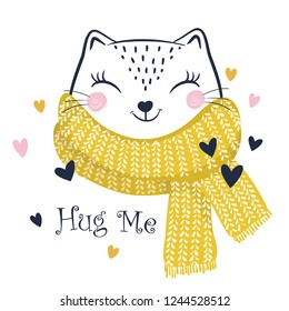 Vector illustration character design cute cat with beauty scarf and word welcome autumn.Doodle cartoon style.Hug me slogan.