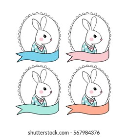 Vector illustration character design of cute rabbit with vintage frame.Draw doodle style.