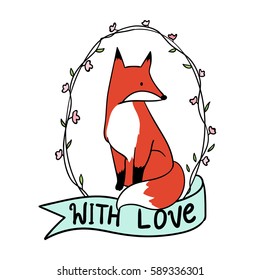 Vector illustration character design of cute fox with vintage floral frame.