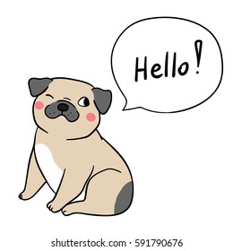 Vector illustration Character design of cute pug with speech bubble and wording hello.