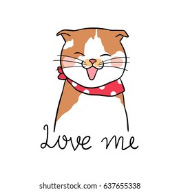 Vector illustration Character design of cute cat laugh and word love me.