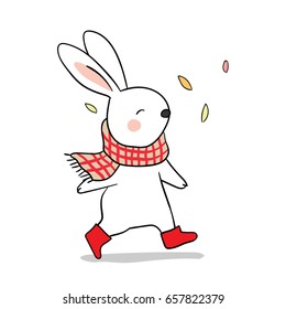 Vector illustration character design cute rabbit walk in autumn season.Draw doodle style.