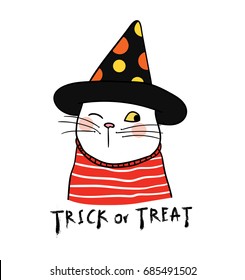 Vector illustration character design cute cat in Halloween day Trick or treat.Draw doodle style.