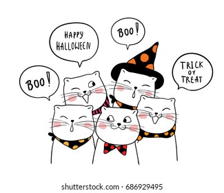 Vector illustration character design cute cat saying and speech bubble for Halloween day.Draw doodle style.