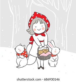 Vector illustration character design cute little girl and squirrel rabbit in winter.Draw doodle style.