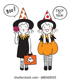 Vector illustration character design cute girl in Halloween day Trick or treat.Draw doodle style.
