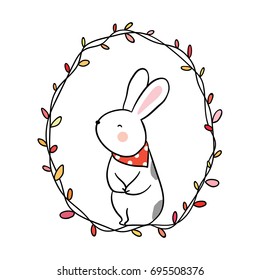 Vector illustration character design cute rabbit and floral frame in autumn.Draw doodle style.