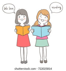 Vector illustration character design cute girls hold a book and we love reading in speech bubble for school.Doodle cartoon style.