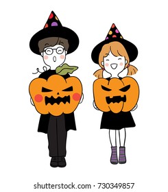 Vector illustration character design cute girl and boy in Halloween day Trick or treat.Draw doodle style.