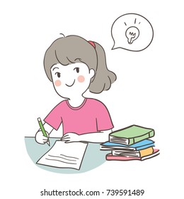 Vector illustration character design cute girl has to do homework and has a good idea in speech bubble.Doodle cartoon style.