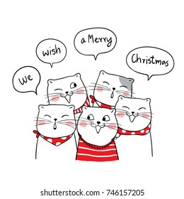 Vector illustration character design cute cat saying and speech bubble for Christmas day.Draw doodle style.