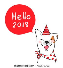 Vector illustration Character design of cute dog with word hello 2018 in red speech bubble and beautiful scarf.Doodle cartoon style.