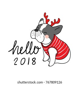 Vector illustration Character design of cute bulldog with word hello 2018.Doodle cartoon style.