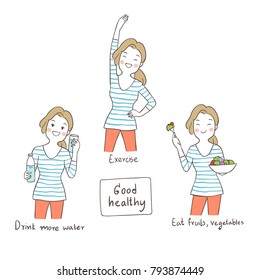 Vector illustration character design cute woman explain about how to be healthy.Draw doodle style.