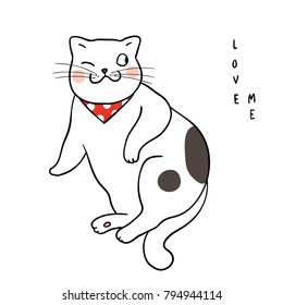 Vector illustration character design cute cat on white color and word love me.Draw doodle style.