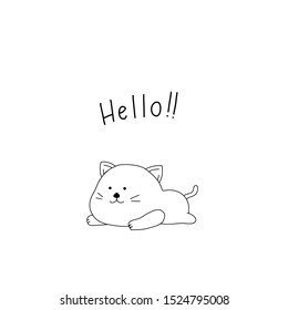 Vector illustration character design  cutie cat on white color. Design for postcard, pillowcase or poster. Hello text.