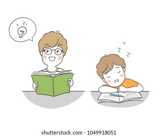 Vector illustration character design different pose a boy reading and has good idea and sleeping.Isolated on white color.Draw doodle cartoon style.