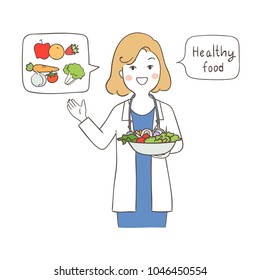 Vector illustration character design a doctor explain about healthy food.Health concept.Isolated on white color.Draw doodle cartoon style.