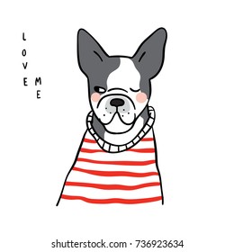 Vector illustration character design of dog and wording love me red sweater.Doodle cartoon style.