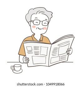 Vector illustration character design elderly senior grandfather reading newspaper in coffee time,blank speech bubble.Isolated on white color.Draw doodle cartoon style.