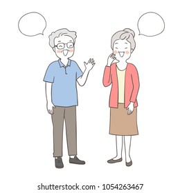 Vector illustration character design elderly senior grandmother and grandfather talking so happy and funny,blank speech bubble.Isolated on white color.Draw doodle cartoon style.