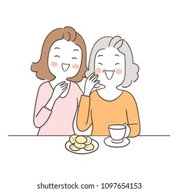 Vector illustration character design elderly senior grandmother and mom talking so funny.Isolated on white color.Draw doodle cartoon style.