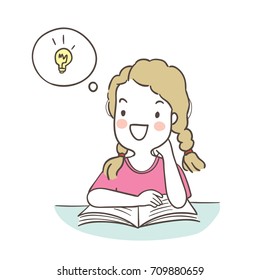 Vector illustration character design a girl reading for the exam and has a good idea.Draw doodle cartoon style.