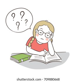 Vector illustration character design a girl  bored and confused with to do homework and many question mark in speech bubble.Draw doodle cartoon style.