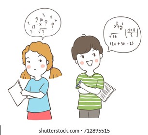 Vector illustration character design a girl confused and a boy has a good idea to do math.Doodle cartoon style.