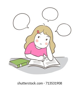 Vector illustration character design girl reading and has many question with speech bubble.Doodle cartoon style.