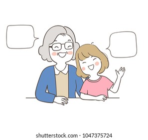 Vector illustration character design grandmother talking with a girl so happy and funny,blank speech bubble Isolated on white color.Draw doodle cartoon style.