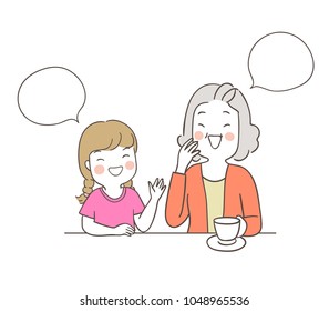 Vector illustration character design grandmother talking with a girl so happy and funny in coffee time,blank speech bubble.Isolated on white color.Draw doodle cartoon style.
