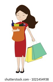 vector illustration character design of a happily shopping women 