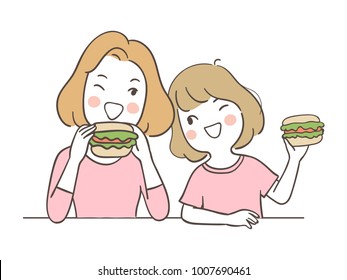 Dibujo de personajes de diseño feliz a las niñas y a las madres les gusta comer decorados para el Día de la Madre. Dibuja el estilo de caricatura del doodle.