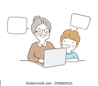 Vector illustration character design happy elderly woman searching on her laptop with grandson so funny.Draw doodle cartoon style.
