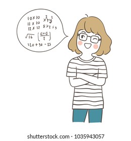 Vector illustration character design happy girl practice to do math so easy.Draw doodle cartoon style.