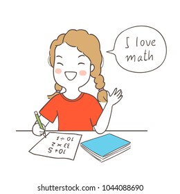Vector illustration character design happy girl has to do homework and saying I love math in speech bubble.Isolated on white.Draw doodle cartoon style.