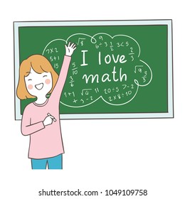 Vector illustration character design happy girl holding chalk and write I love math on blackboard.Isolated on white color.Draw doodle cartoon style.
