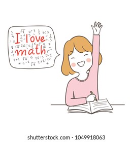 Vector illustration character design happy girl sitting and saying I love math in speech bubble.Isolated on white color.Draw doodle cartoon style.