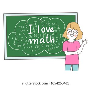 Vector illustration character design happy girl standing and write word I love math on blackboard.Isolated on white color.Draw doodle cartoon style.